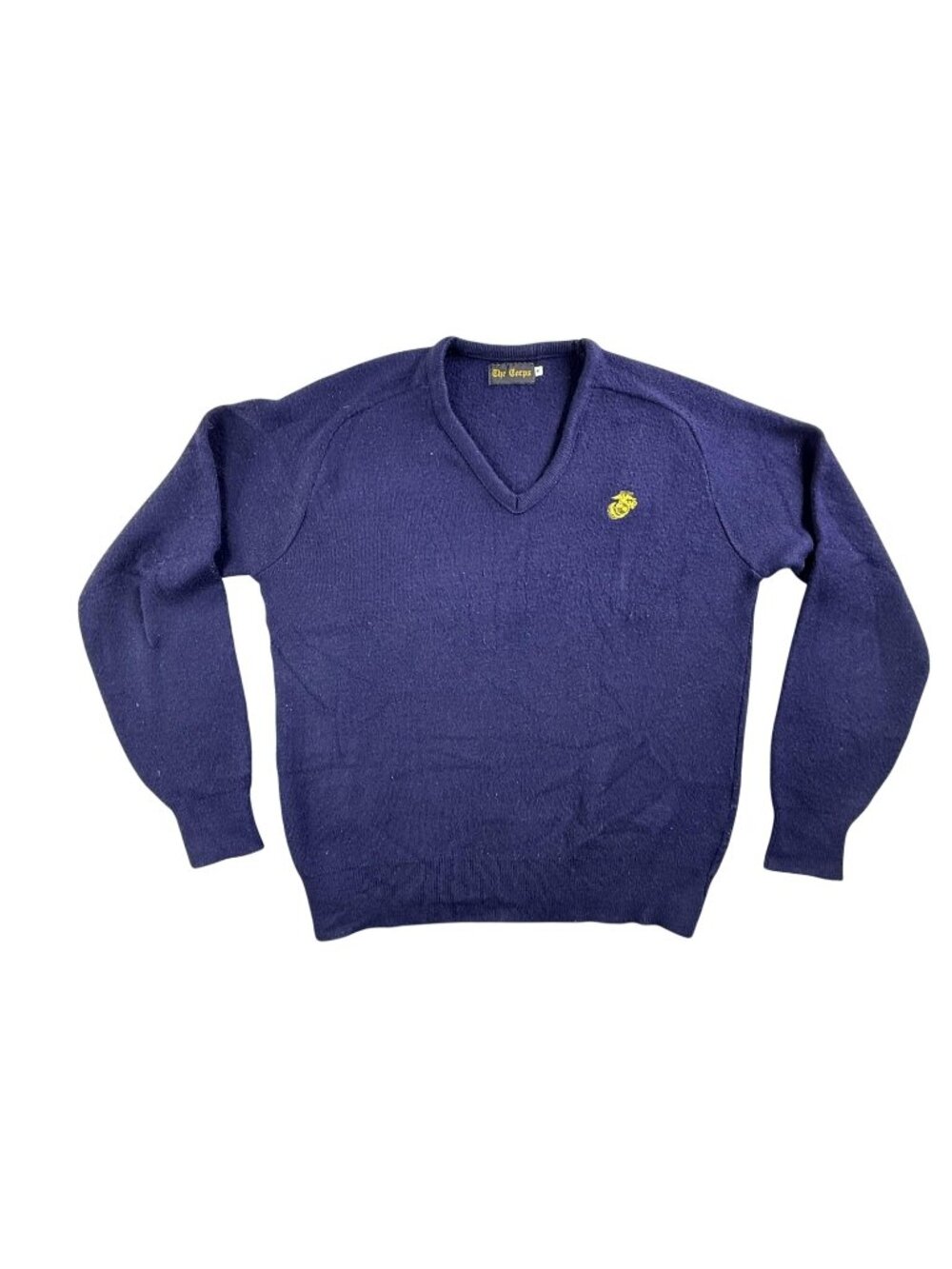 Vintage The Corps Sweater Mens Medium Blue V Neck USMC Acrylic Knit Pullover USA